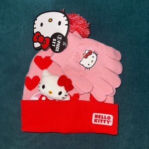 Hello Kitty Pink and Red Heart Hat and Gloves Set